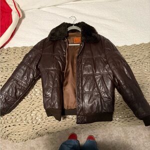Vintage leather bomber with fur trim